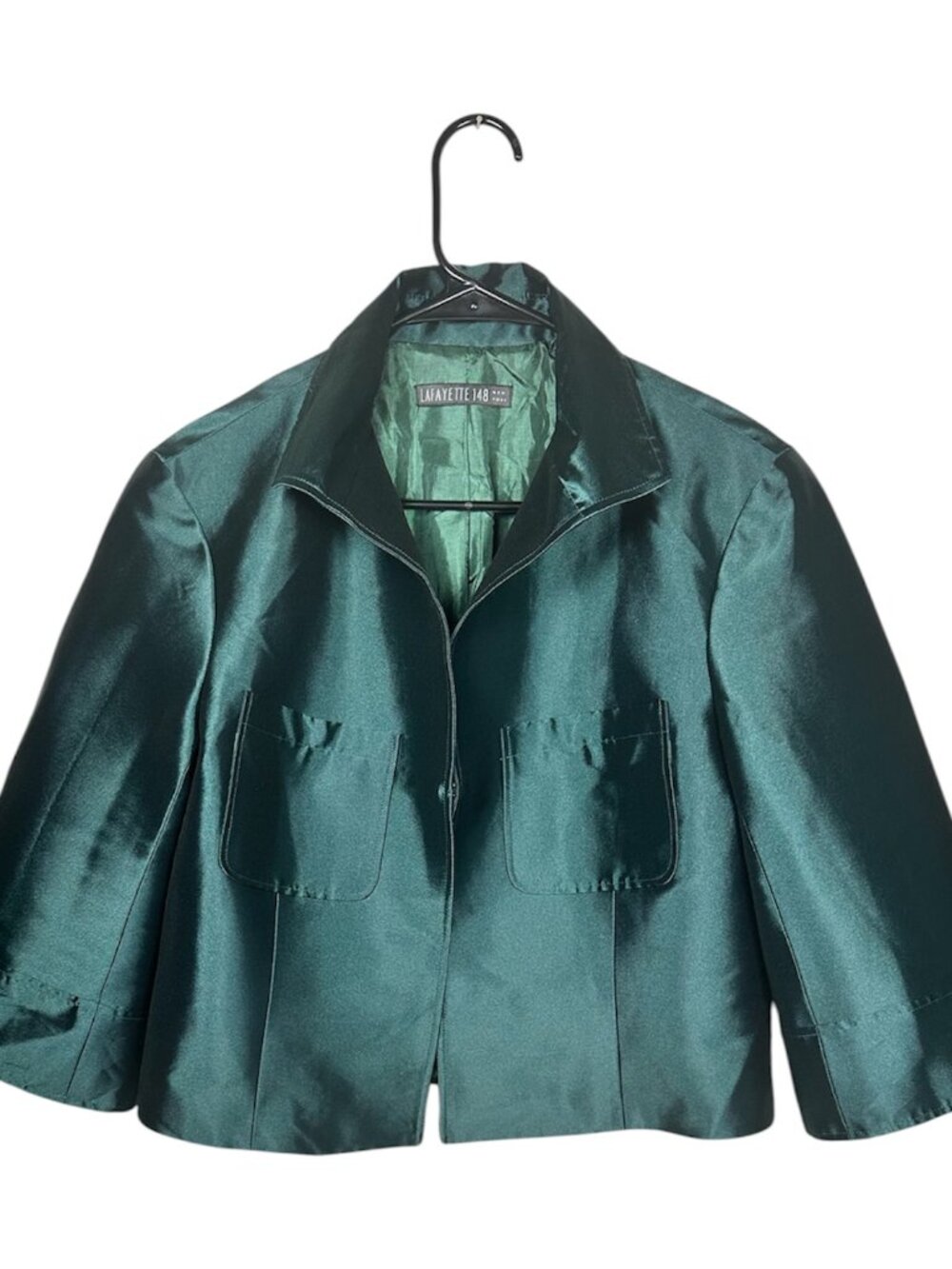 Lafayette 148 New York Jacket Womens Emerald Green Satin Look Cropped 3/4 Sleeve